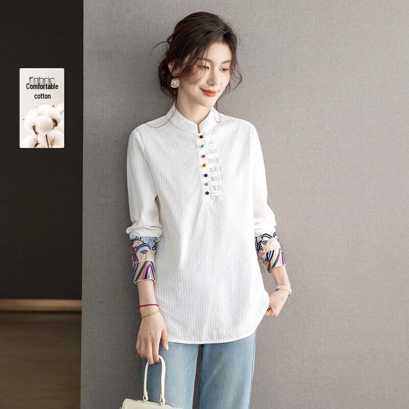 Sibaishe Women s Striped Embroidered Mid-Length Blouse L