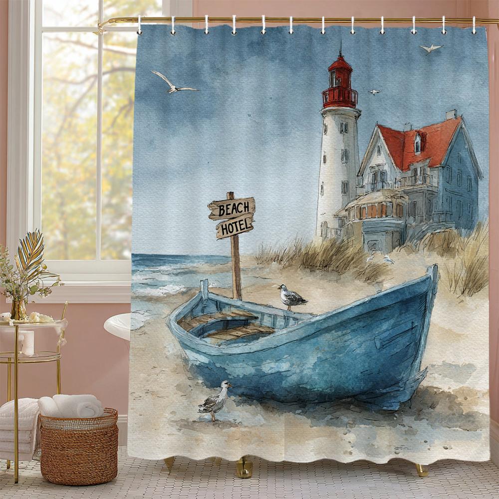 Blue Sea ocean beach scenery Theme Shower Curtain, Bathroom Decorative Shower Curtain, Print polyester Curtain with Hooks