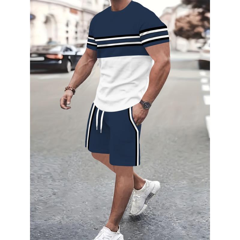 Men's Outfit, Color Block Stripe Graphic Print Casual Crew Neck Short Sleeve T-Shirt & Drawstring Shorts 2-piece Set For Summer Outdoor Activities