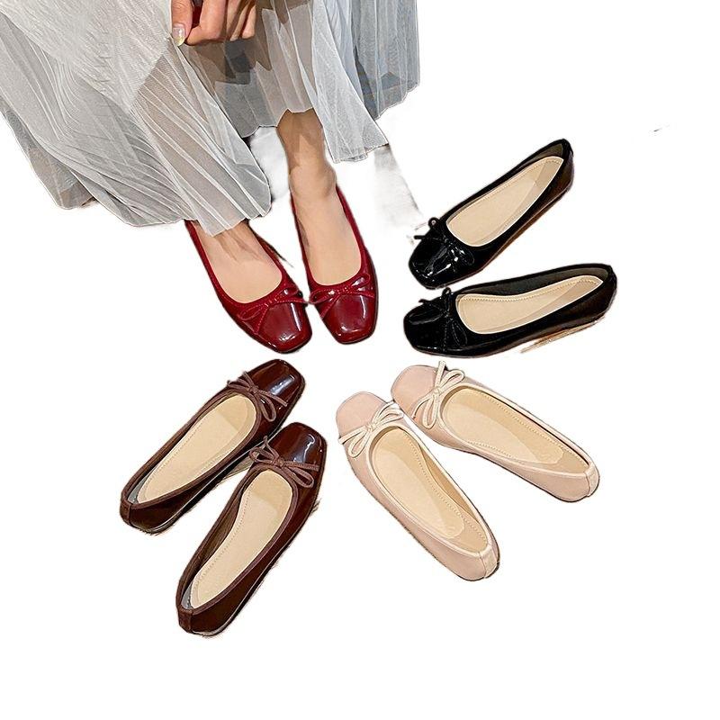 Red Bow Single Shoes Women's Flat Square Heel High Heels Black Shoes Shallow Mouth French Ballet Soft Sole Low Heel Women's Shoes