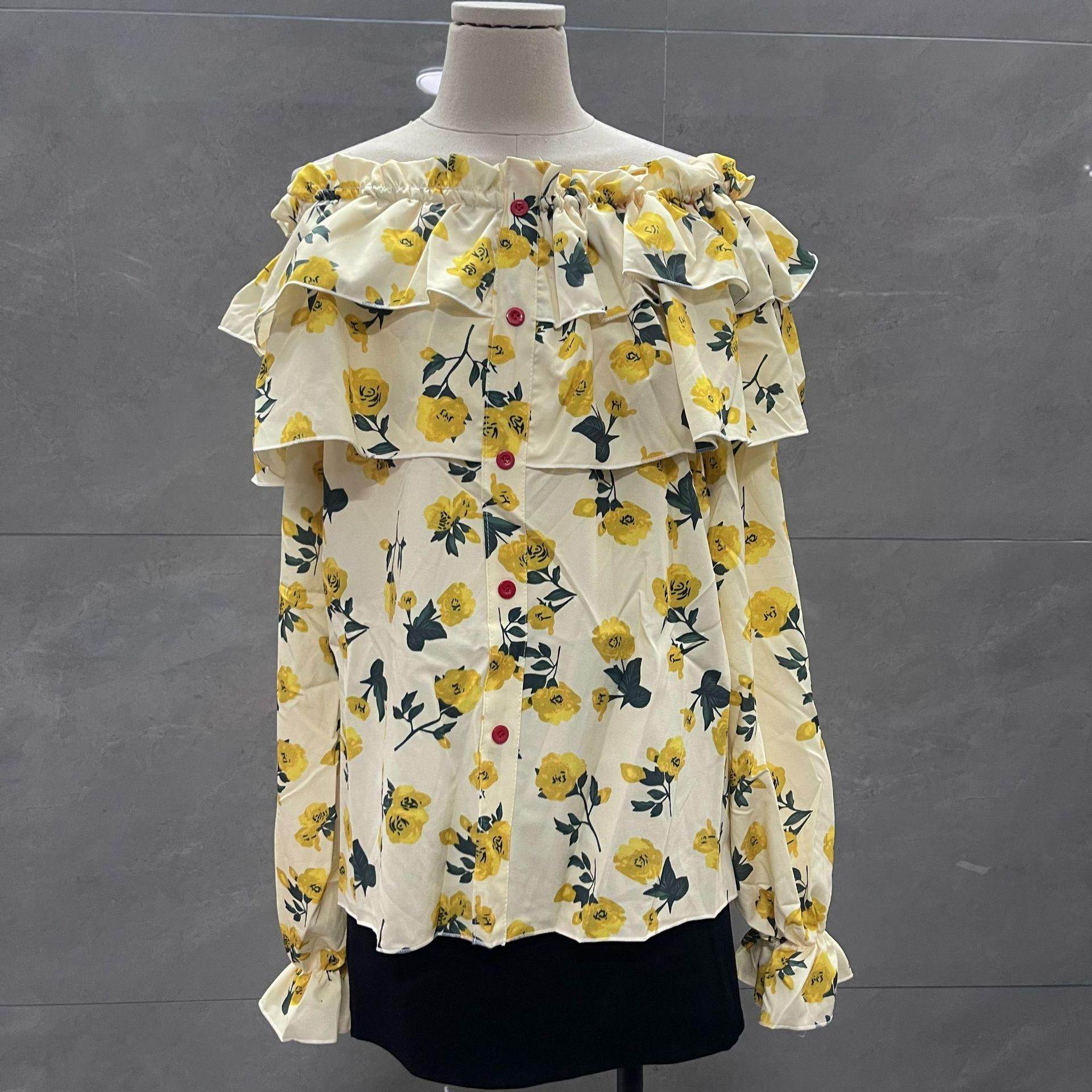 

Women s French Chic Ruffle Floral Chiffon Blouse – Unique Loose Spring Design XL (recommended for ~62.5 kg)