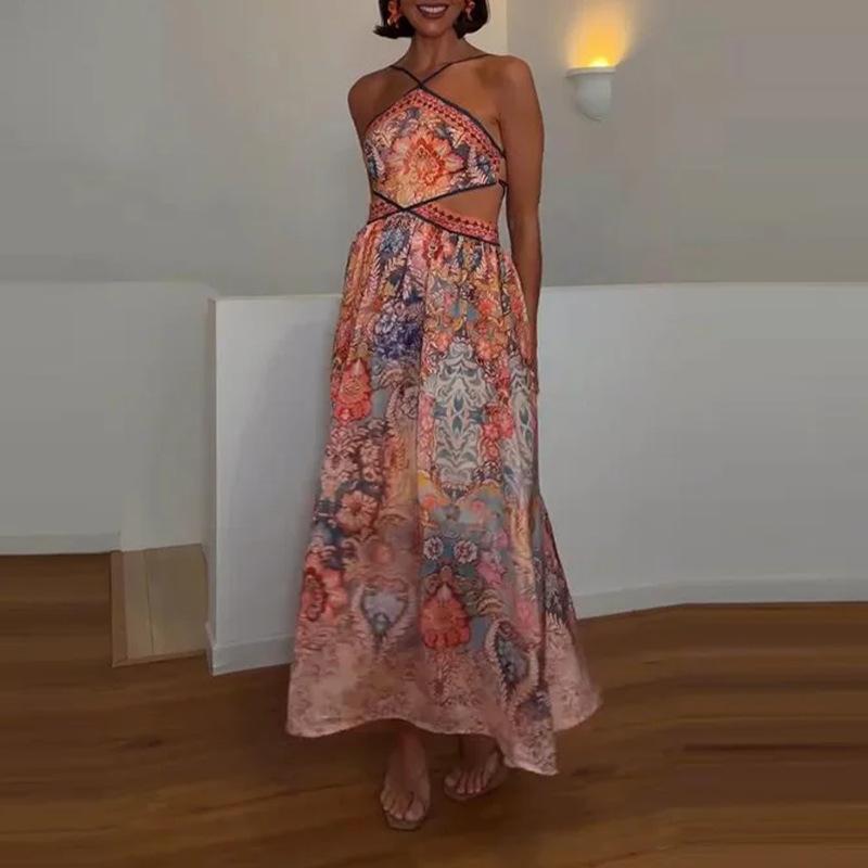 Elegant Printed Women's Dress Halter Sleeveless Lace Up A-Line Lady Long Dresses Summer Female Vacation Holiday Robe New