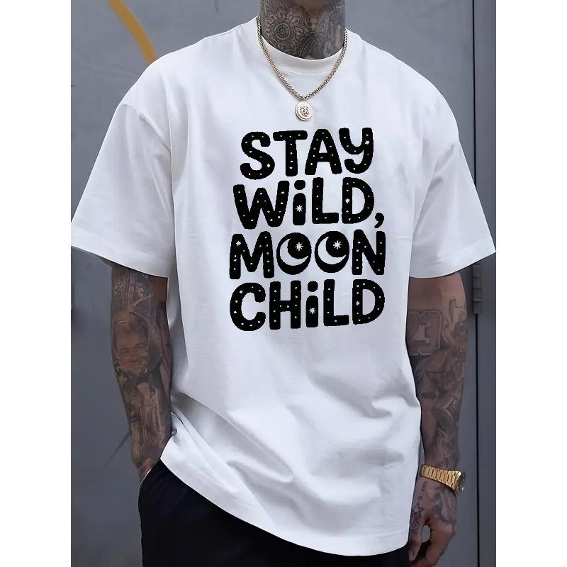 

Мужская черная футболка с графическим принтом Stay Wild Moon Child (Европейский размер) - Дерзкая белая потертая надпись и принт луны, Повседневная футболка с круглым вырезом и коротким рукавом S белый