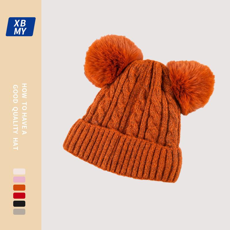 Winter hat men's and women's new adult plush double hairball pullover wool hat, warm and cute knitted hat tide