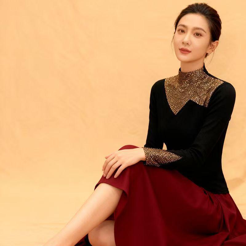 Autumn/Winter Rhinestone Long-Sleeve Top: Age-Reducing, Warm, Half-High Collar Fleece Base Layer Shirt