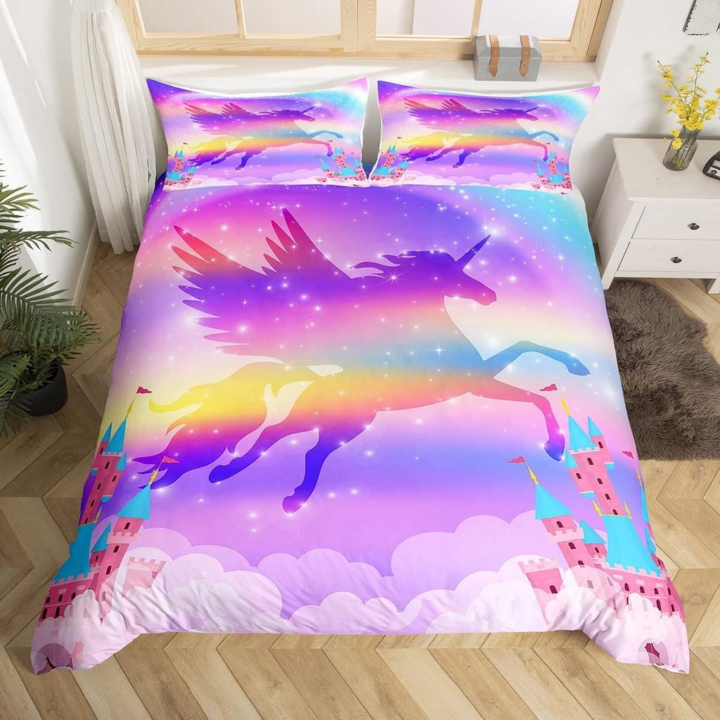 Unicorn Duvet Cover Set Cartoon Animal Galaxy Star Floral Bedding Set For Kids Girls Polyester Romantic Theme Comforter Cover