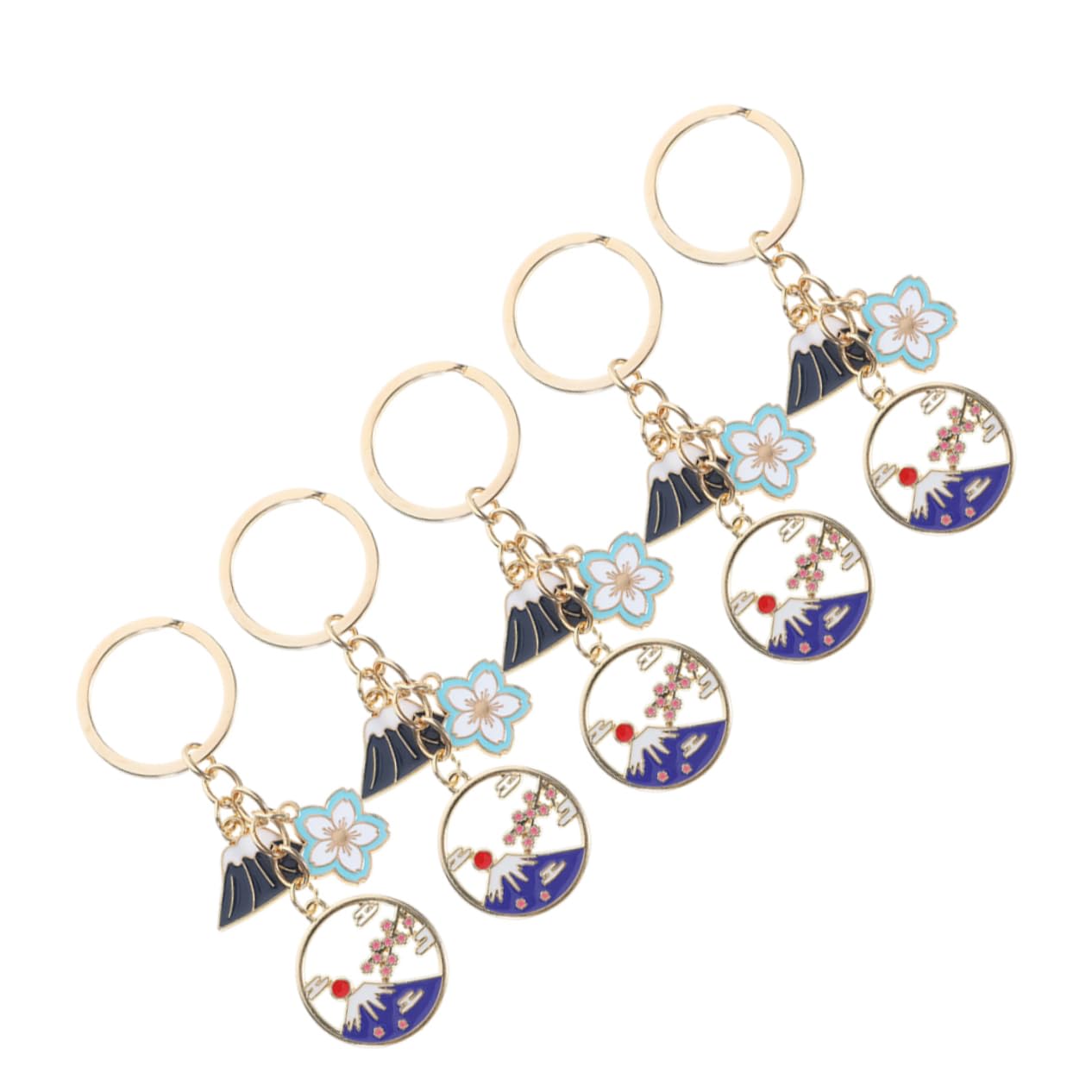 

[SHOWERORO] 5pcs Japan Style Mt. Fuji Key Chain Alloy Cherry Blossom Flower Charm Key 9.50X2.90X0.20CM