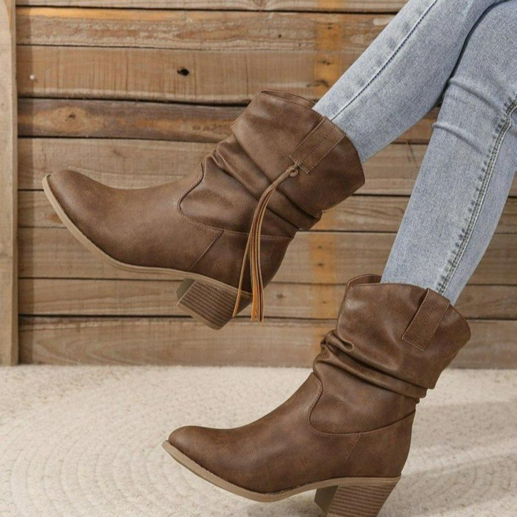 Fashion Retro New Western Cowboy Boots 2025 Autumn Winter Tassel PU Leather Retro Pleated High Heels Slip on Mid-calf Boots for Women