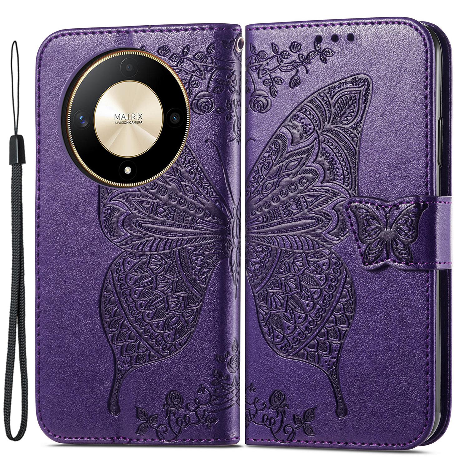 

For Honor X9b 5G/Magic6 Lite 5G Phone Cover Stand Imprinted Pattern PU Leather Case Dark Purple