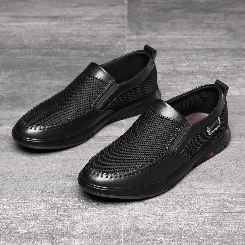 [Cowhide] Summer Mesh Shoes Breathable Men's Mesh Shoes Non-slip Soft-soled Casual Leather Men's Shoes Lazy Shoes One Pedal
