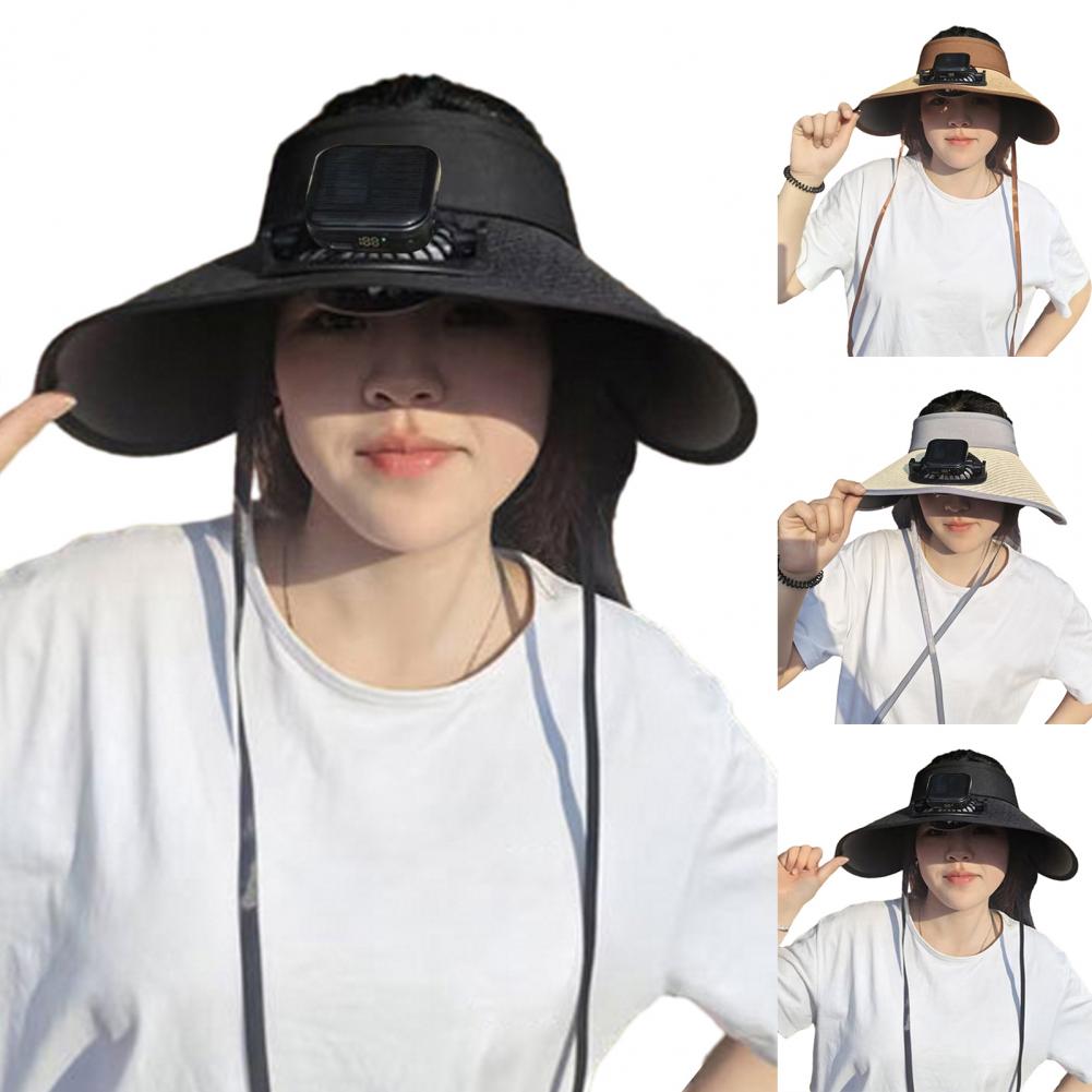 Solar Powered Ventilation Cap Straw Woven Hat Solar-powered Visor Hat with Dual Fans for Outdoor Activities Wide Brim for Beach