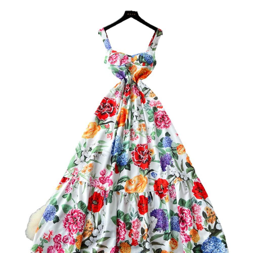 Retro court style printing suspender dress women's summer waist slim senior sense celebrity temperament big swing dress