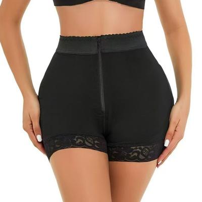 High Waist Lace Trim Shapewear Shorts with Front Zipper