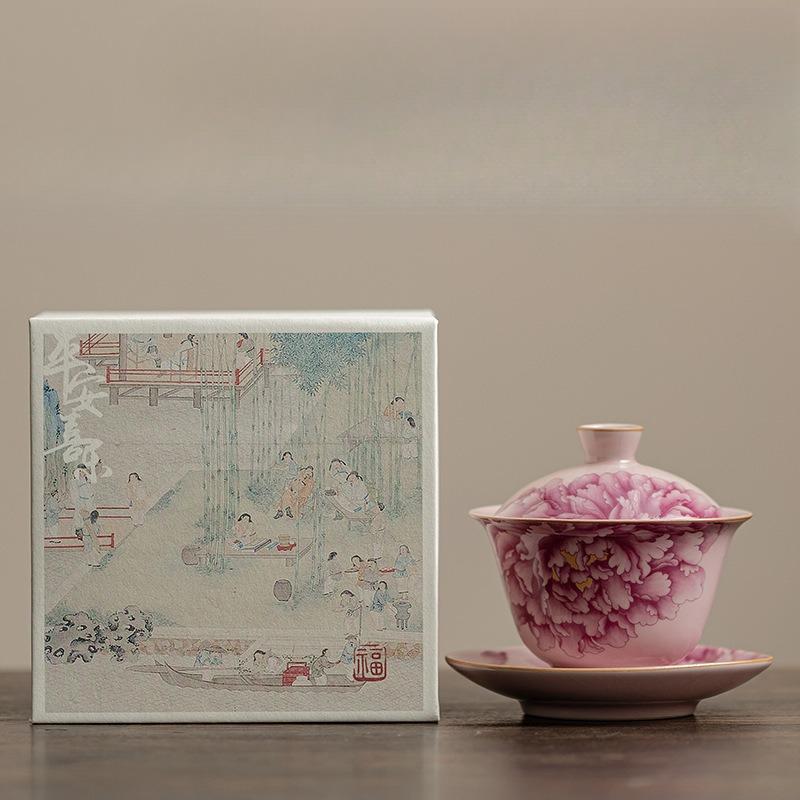 Pink Ru Kiln Peony Sancai Gaiwan Kung Fu Tea Set Tea Bowl Household Ceramic Chinese Tea Bowl