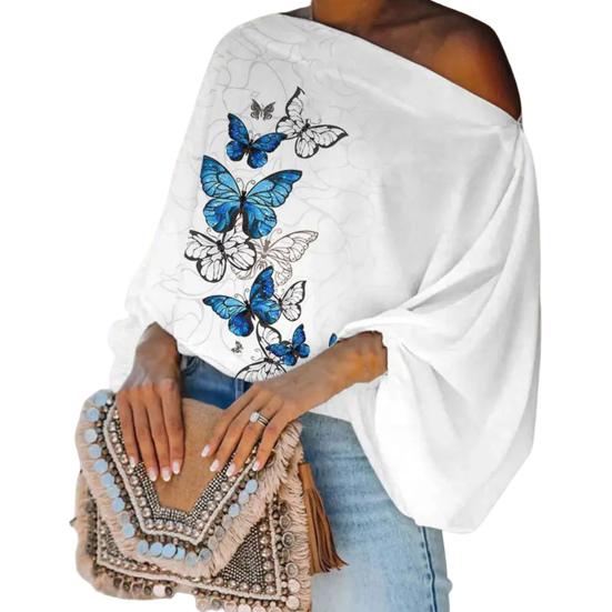 Um ombro Slash Neck Lanterna Manga Longa Mulheres Top Solto Fit