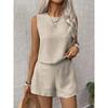 Women Round Neck Sleeveless Tank Top And Shorts Set Linen Textured Casual Two Piece Summer Outfit