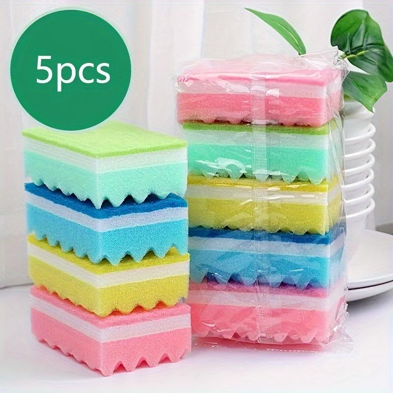 Wood Pulp Cotton Wavy Cleaning Sponges, High Density 3 Layer Kitchen Dishwashing Scouring Pads, Random Colors, 5 Pcs 6 Pcs 12 Pcs