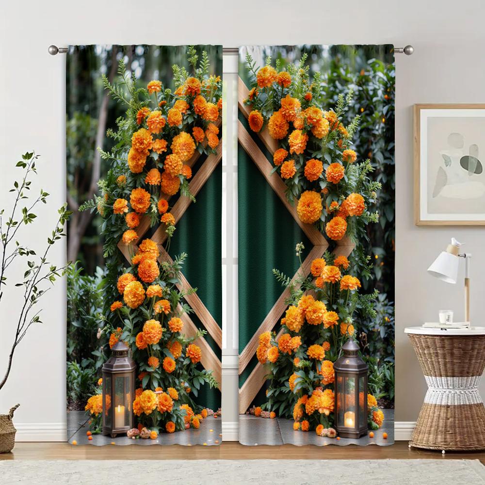 

2 pcs, filtering curtains (excluding rods, non-movable, without batteries) Green Floral and Yellow for use in bedrooms and 29x65in(75x166cm)