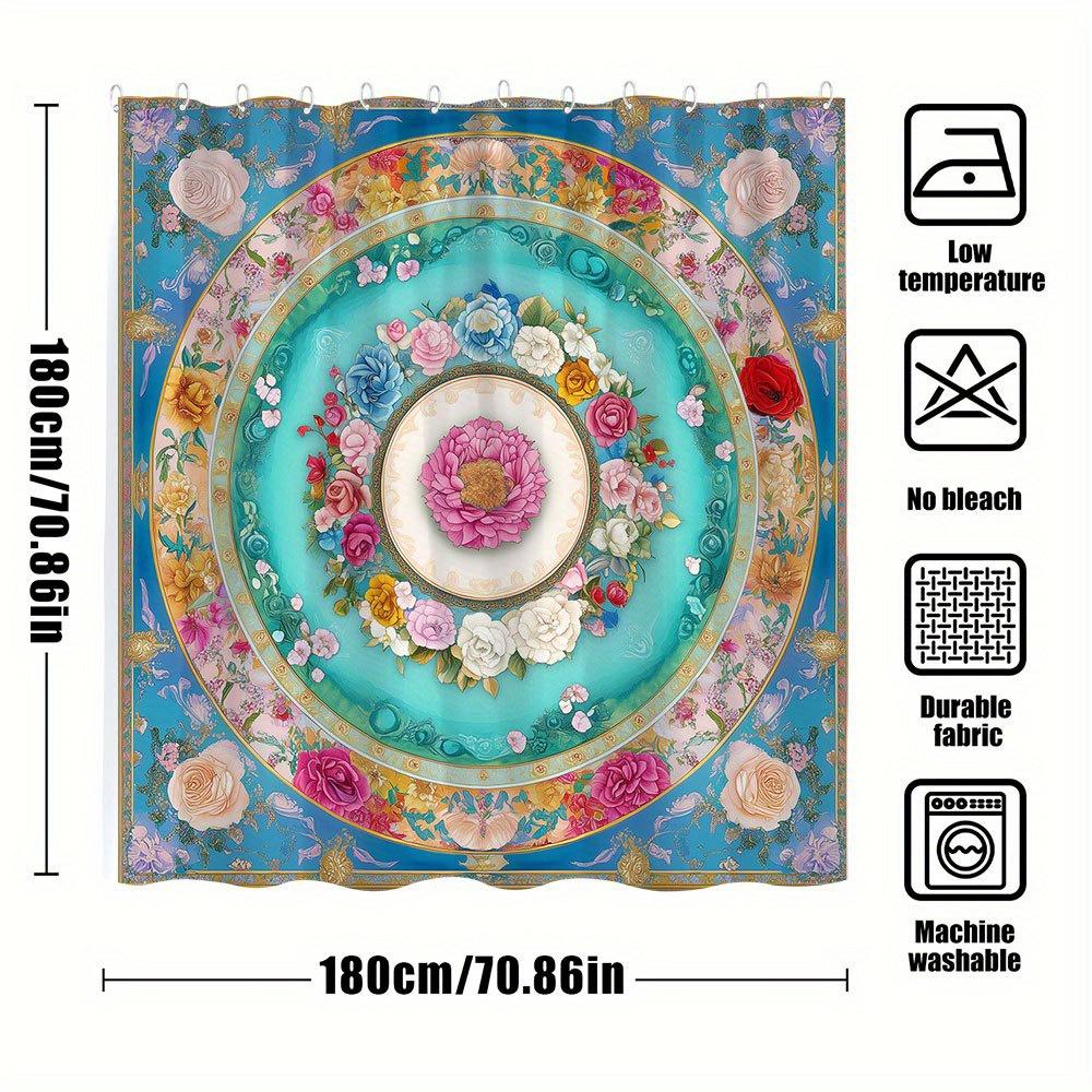 1Pc Luxury Floral Mandala Shower Curtain - Extra Long 70X70 Inches Bathroom Window Drapes With Pink For Lotus, Roses, Turquoise