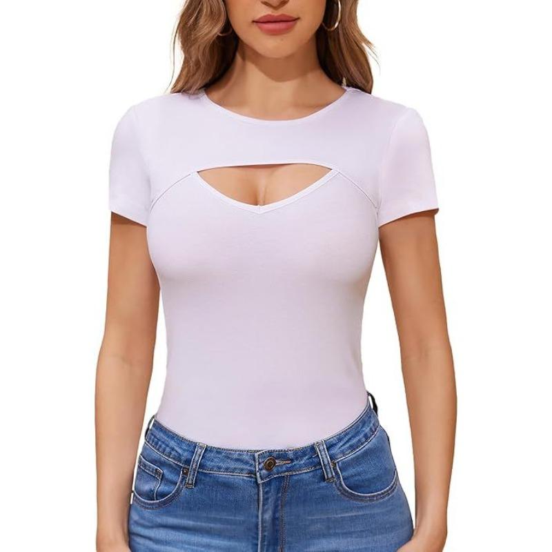 New Fashion Spring and Summer Sexy Hollow Threaded T-Shirt Top Casual Crew Neck Short Sleeve Women
