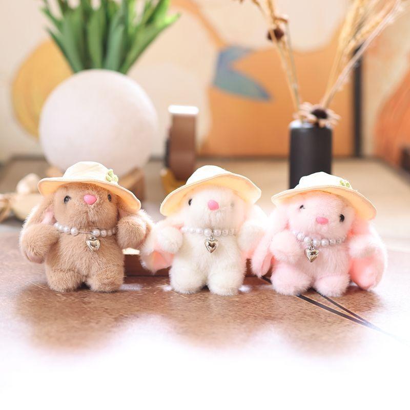 Simulated Decor Pearl Embroidered Flower Hat Cartoon Rabbit Plush Toy Pendant