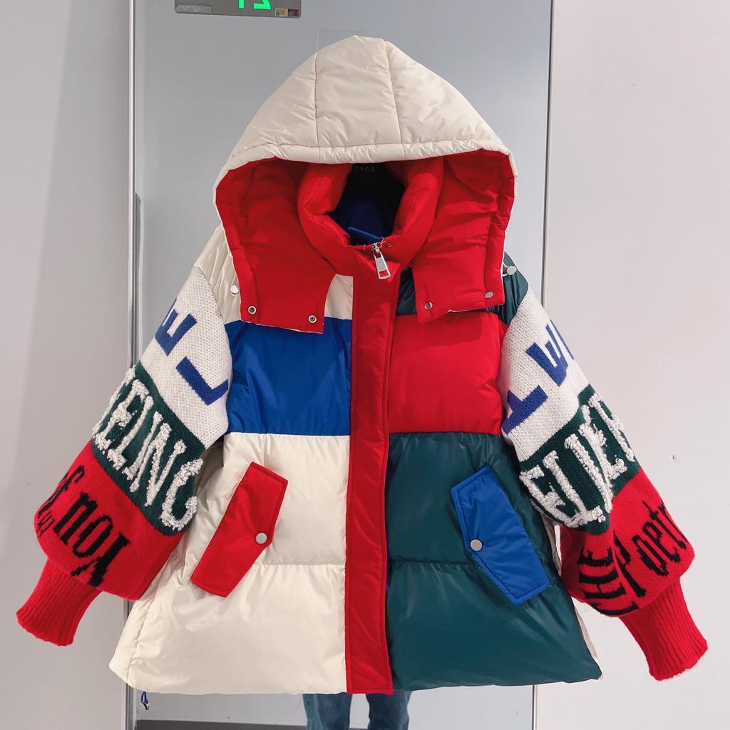 Streetwear Letter Stitching Down Jacket Women's Hooded Parka Loose Winter Down Coat Female Thick Casual Warm Clothes