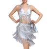 Women's Belly Dance Outfits Latin Dance Costume Sequins Fringe Skirt and Halter Bra Crop Top for Rave Cabaret Party