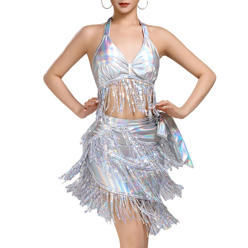 Women's Belly Dance Outfits Latin Dance Costume Sequins Fringe Skirt and Halter Bra Crop Top for Rave Cabaret Party