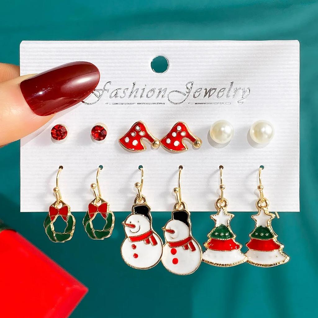 6 Pairs Christmas Earrings Set Selling Cartoon Dripping Oil Elk Santa Claus Christmas Tree Earrings for Women