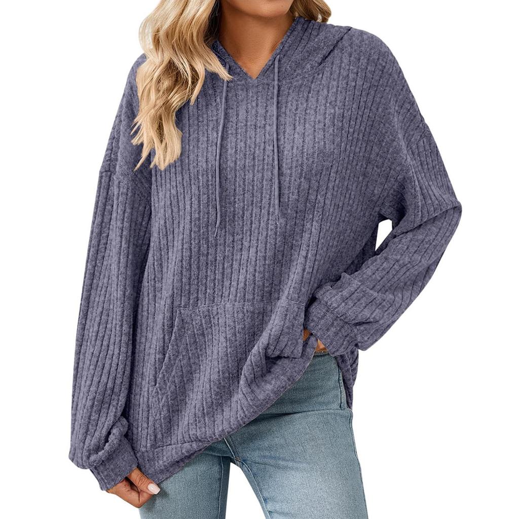 Damen Modischer Lockerer Langärmliger Kapuzenpullover mit Kordelzug und Tasche, Einfarbiges Oberteil