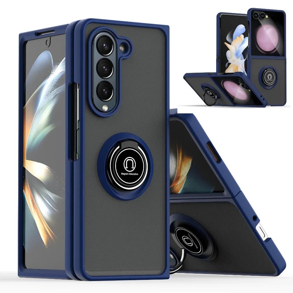 Matte Clear Shockproof Car Ring Holder Phone Case For Samsung Galaxy Z Fold 7 6 5 4 3 Z Flip 7 6 5 4 3 Armor Hard Cover