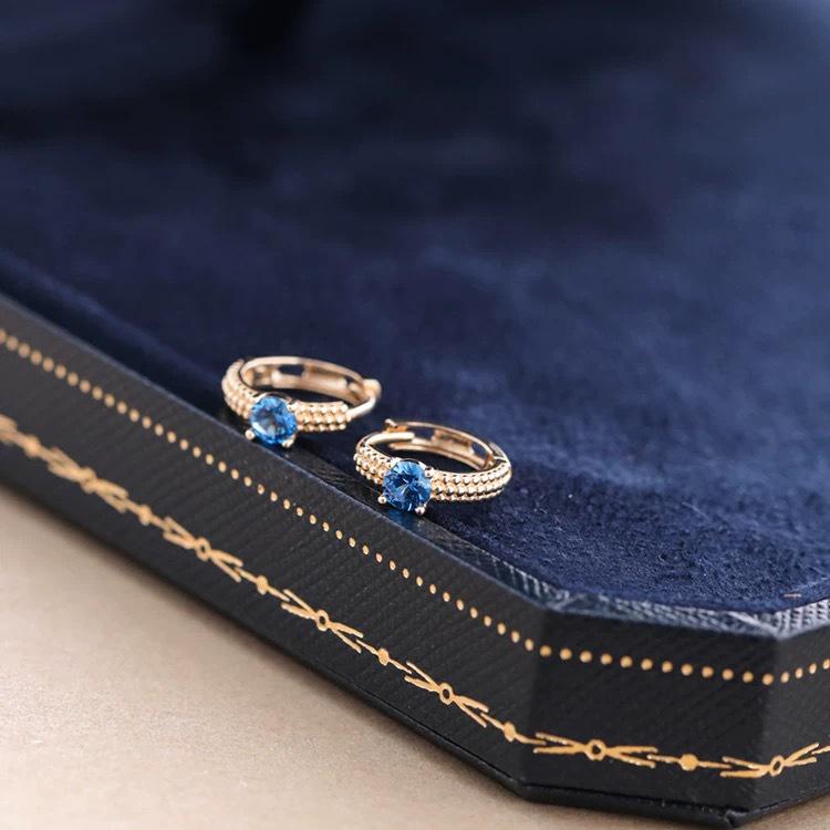 14K Gold Plated S925 Sterling Silver Blue Zircon Four-Prong Earrings for Women