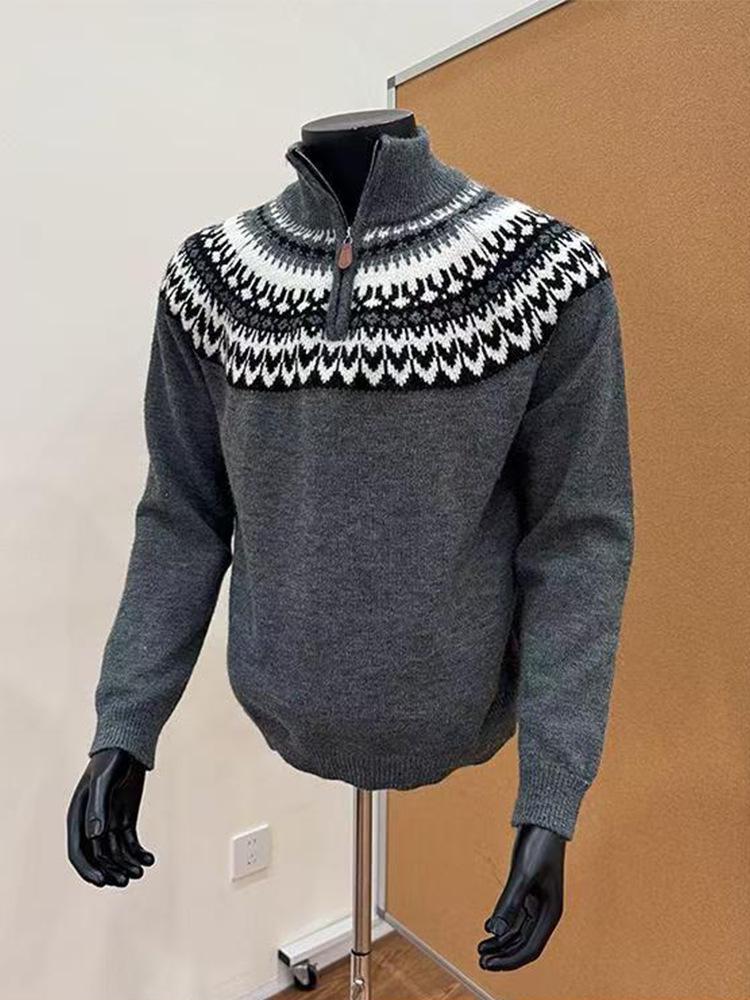 Pánský pletený svetr Fair Isle s jacquardovým vzorem, poloviční zip, podzim/zima, vysoký límec, retro styl, ideální pro páry