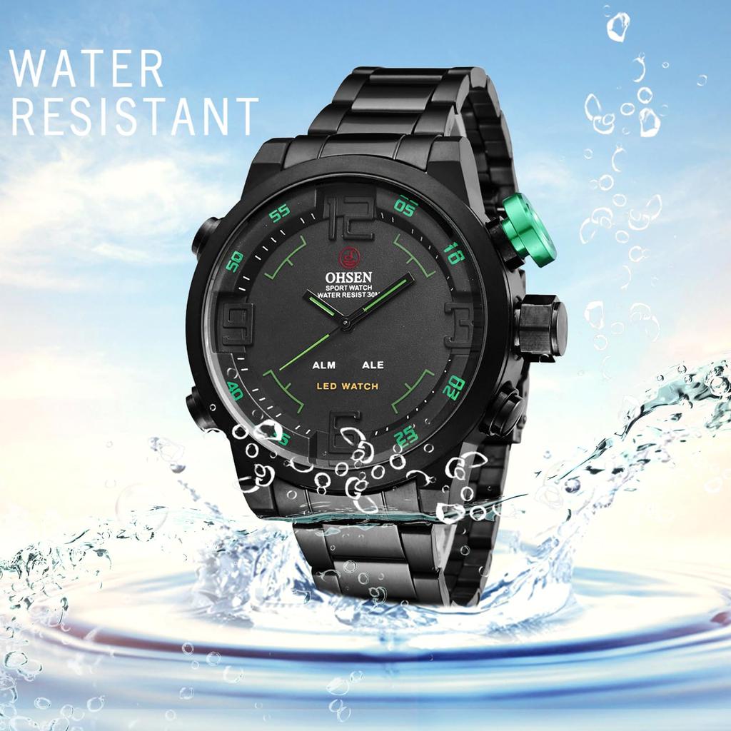 Men's Watch Analog Digital Display 3ATM Waterproof Stainless Steel LED Calendar Quartz Casual Business Fashion Accessory Black