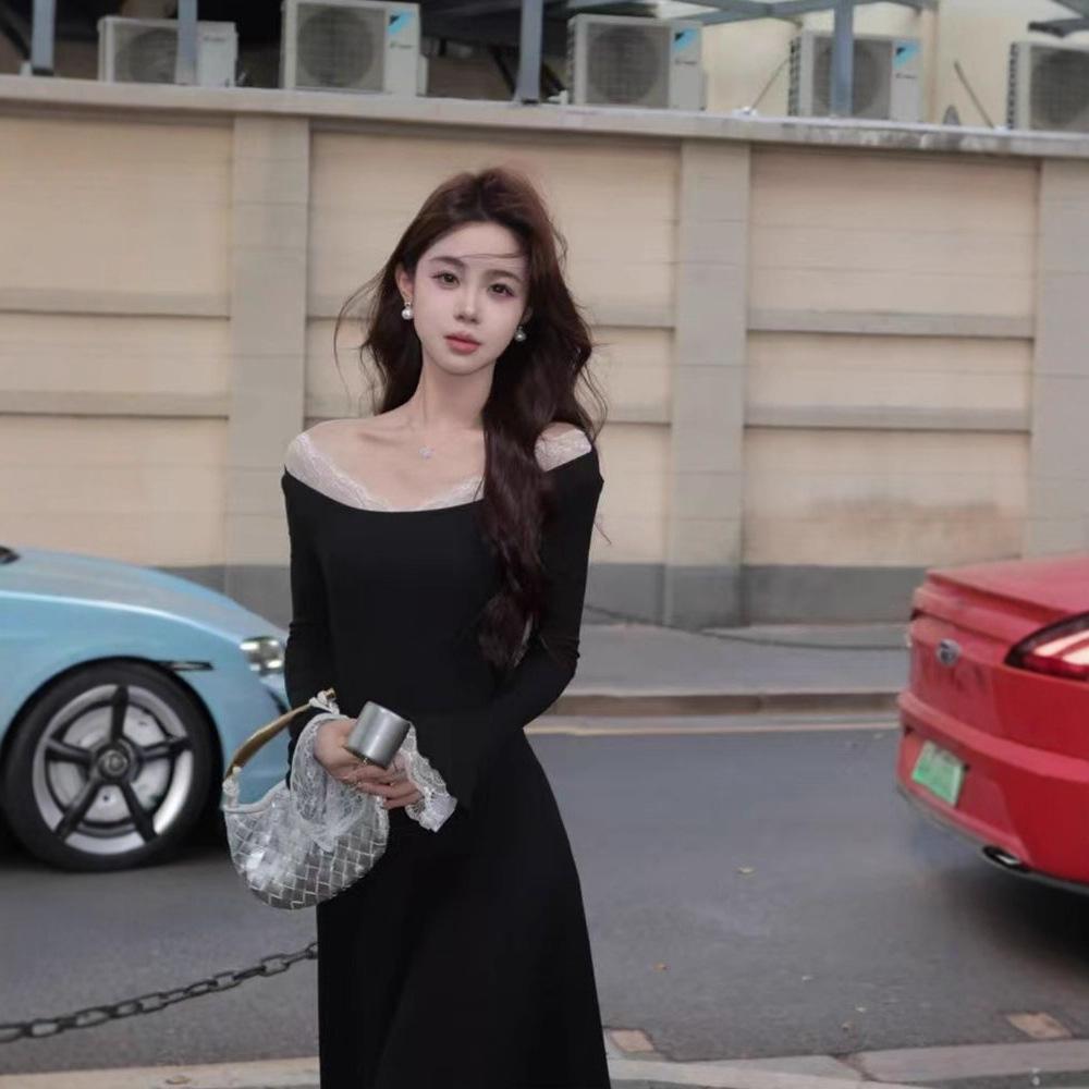 

French Hepburn style lace splicing one-word shoulder dress children s autumn and winter new high-end medium and long dress XL чорний
