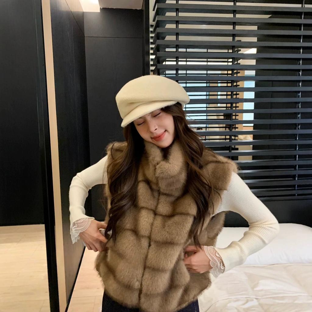 Stand-up Collar Fur Integrated Imitation Fur Short Vest Women's Winter Warm Sleeveless Mink Fleece Fur Jacket