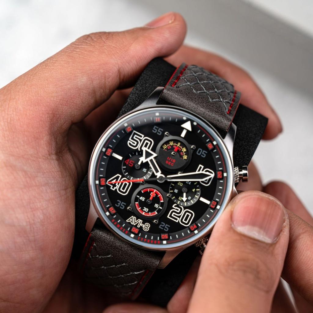 AVI-8 Hawker Typhoon Coningham Chronograf Kožený řemínek Černý ciferník Quartz AV-4093-0A Pánské hodinky