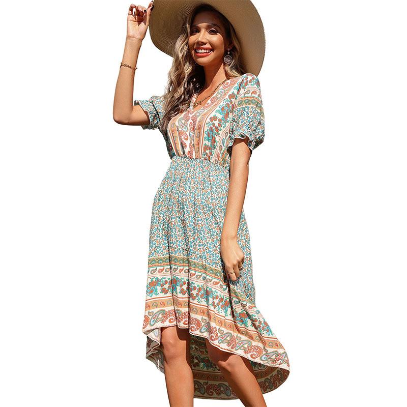 Summer ethnic style geometric floral print irregular green dress