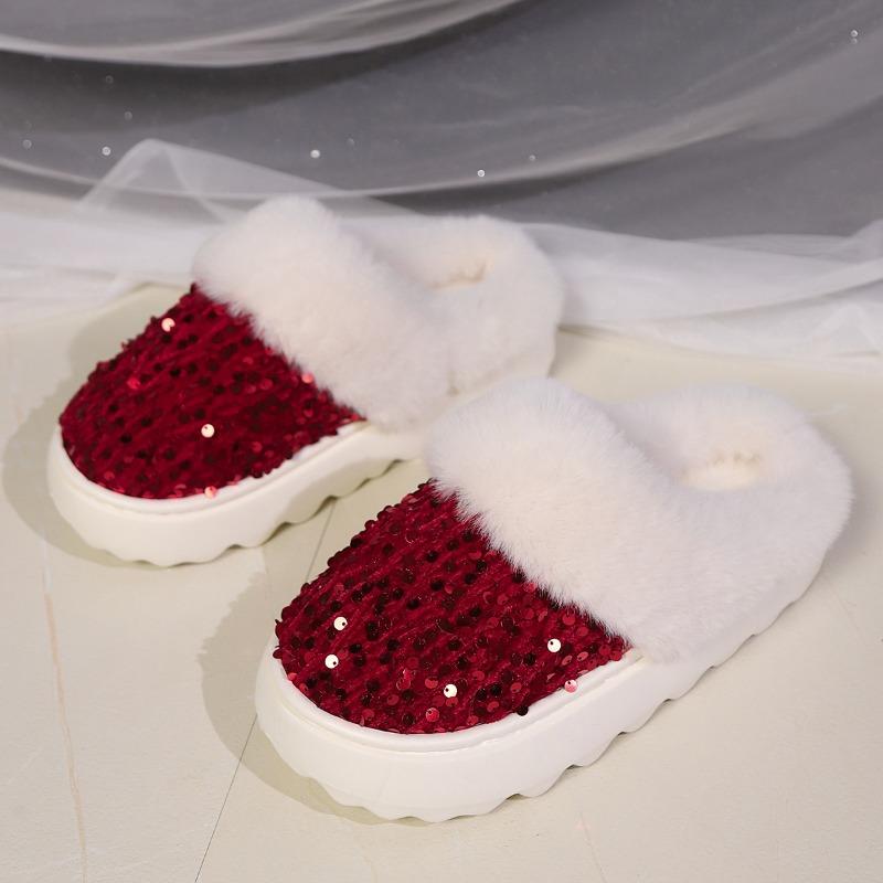 Cotton Slippers with Girly Glitter, Wide Fuzzy Collar, Plush-Topped, Warm Home Cotton Slippers