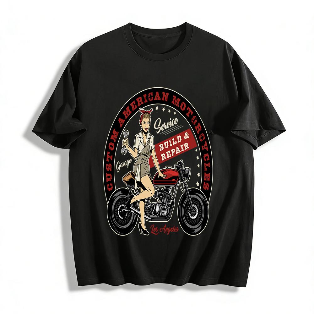 Vintage American Motorcycle Repair Girl Print T-shirt LA Custom Moto Culture Top Pure cotton T-shirt XXS