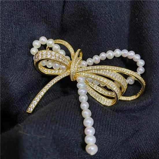 Gold-Plated Zircon Bow & Pearl Brooch for DIY Corsage