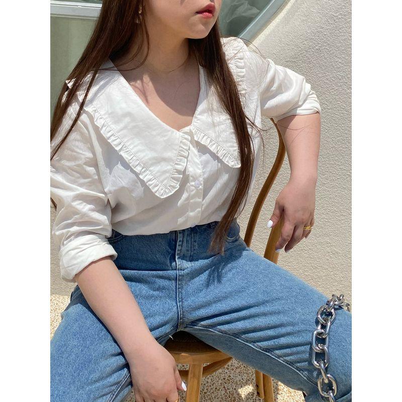 Miss Biggie Fashion Plus Size Thin and Comfortable Easiest for Match Boutique Full Cotton Poplin Doll Collar Long Sleeves Shirt