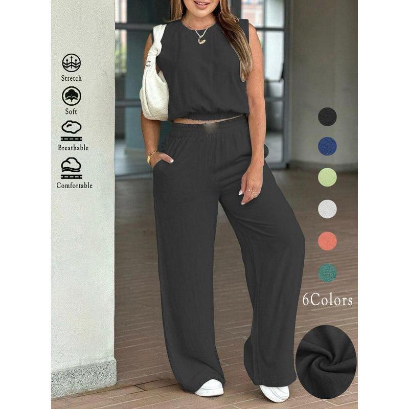 

Женский комплект без рукавов с брюками с высокой посадкой и широкими штанинами, с деталью завязки на спине и плиссировкой на плечах спереди 4XL