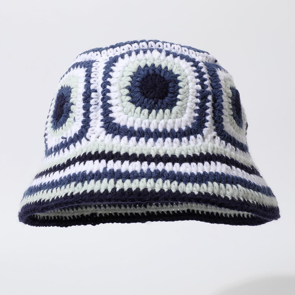 Retro Contrasting Knitted Bucket Hat Women'S Small French Flower Plaid Pot Hat Season Sweet And Versatile