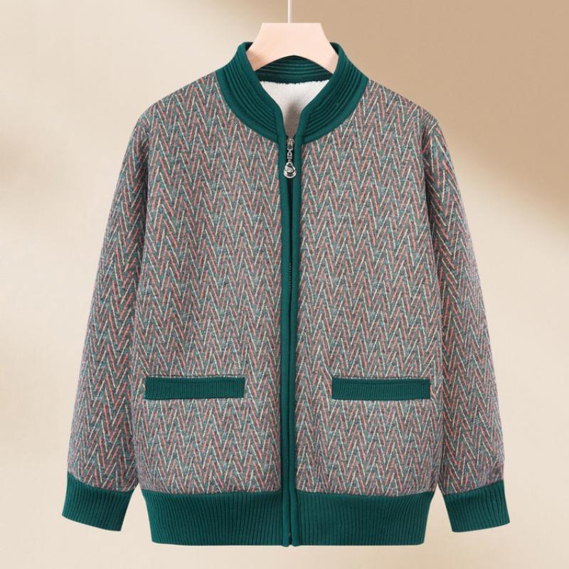 

Grandma coat autumn clothes new elderly knitted sweater female mother fleece thickened old woman striped top 4XL (recommended 140-82.5 kg)