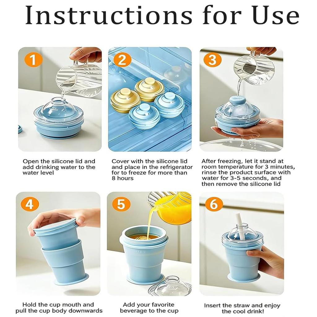 2-in-1 Collapsible Silicone Ice Ball Cup Reusable Portable Ice Sphere Mold with Straw Lid for Coffee Juice Drinks