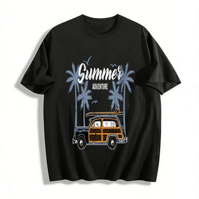Vintage Surfauto Kokospalme Druck Lässiges T-Shirt Reines Baumwoll-T-Shirt