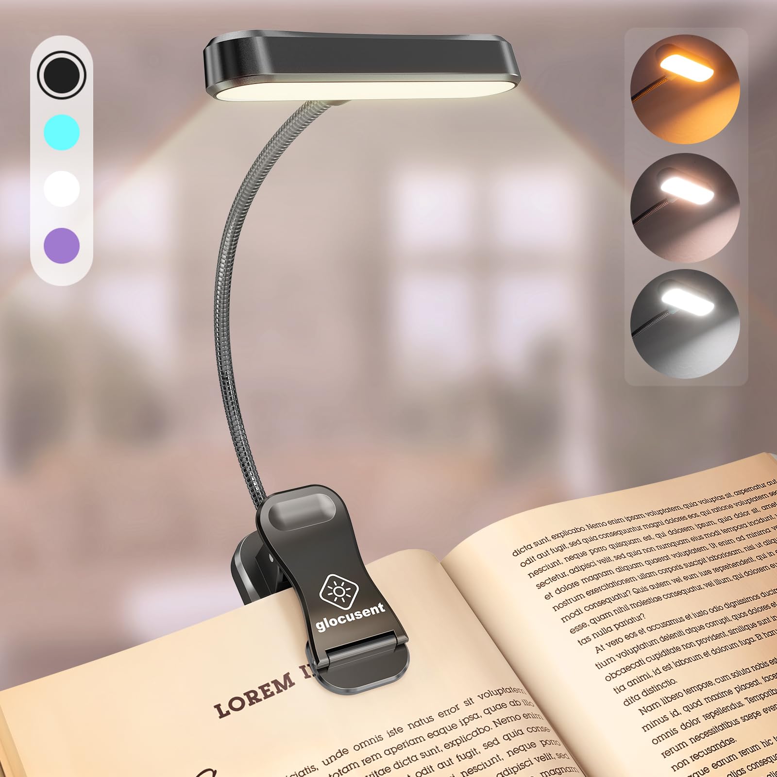 

Glocusent Reading Light, Book Light with 30-Minute Timer, 3 Color Temperature Settings, 5 Brightness Levels, Eye-Friendly CRI 95, Rechargeable LED