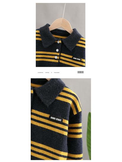 Klučičí podzimní 2025 korejský pruhovaný pletený svetr s límečkem - Měkký a ležérní s dlouhým rukávem pro malé až střední děti