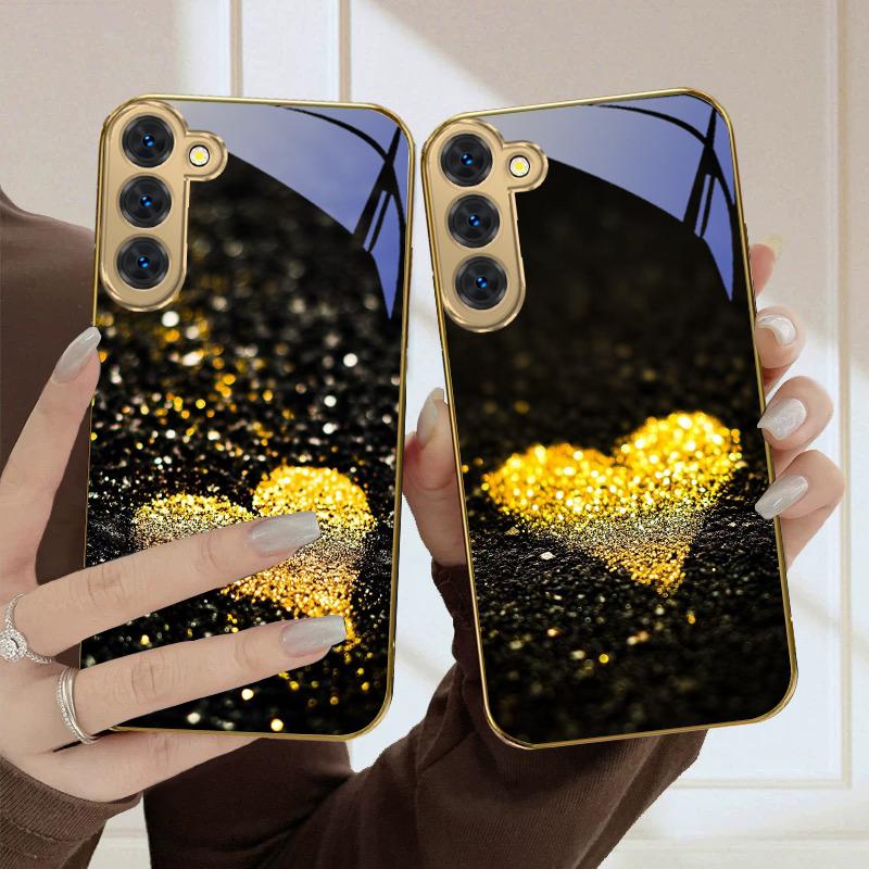 Shining heart shape For Samsung Galaxy S20 FE S21 S22 Ultra S23 Plus S24 Ultra 25Ultra S21+ S9+ 22Plus Golden glass phone case